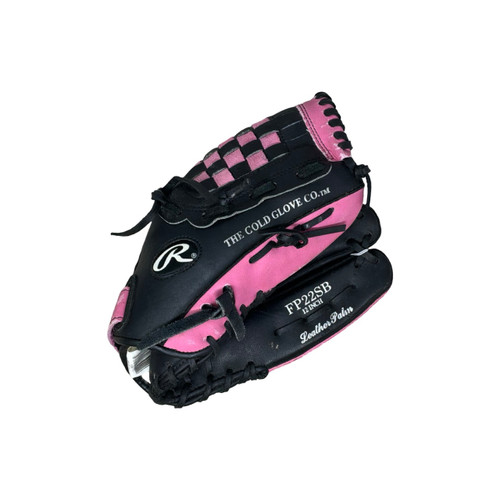 Vist Large View of Product Image Which is Used Rawlings FP22SB RH Throw Fastpitch Gloves Black And Pink 12"