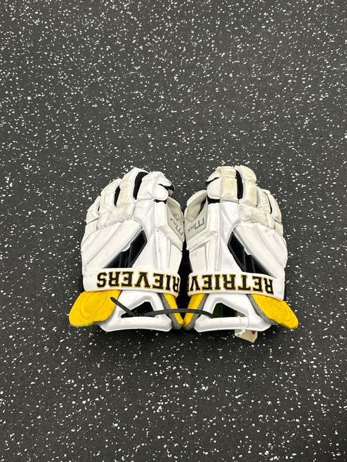 Vist Large View of Product Image Which is Used Maverik MAX Lacrosse Gloves Mens White 13"