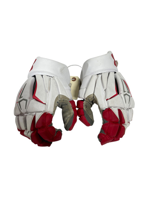 Vist Large View of Product Image Which is Used Under Armour Junior Lacrosse Gloves White/Red 10", back of hand view