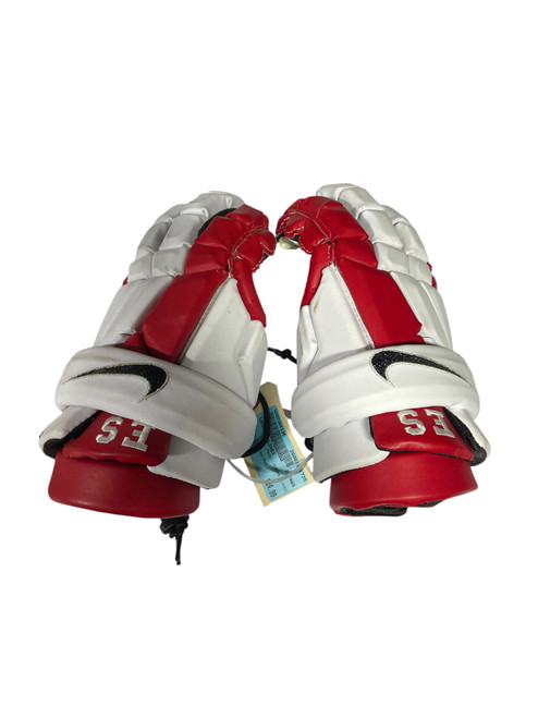 Vist Large View of Product Image Which is Used Nike Junior Lacrosse Gloves White/Red 10", back of hand view