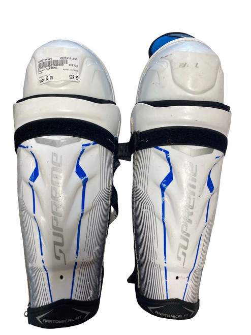 Vist Large View of Product Image Which is Used Bauer SUPREME Junior Shin Guards White 12"