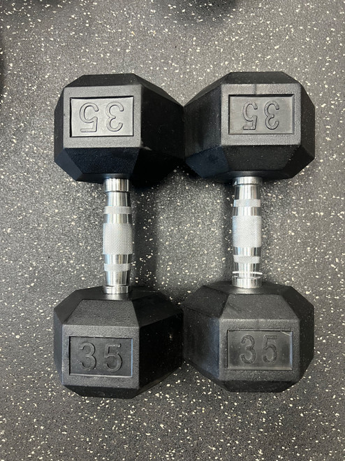 Vist Large View of Product Image Which is New 35-LB RUBBER DUMBBELL Hex Dumbbell (pair)