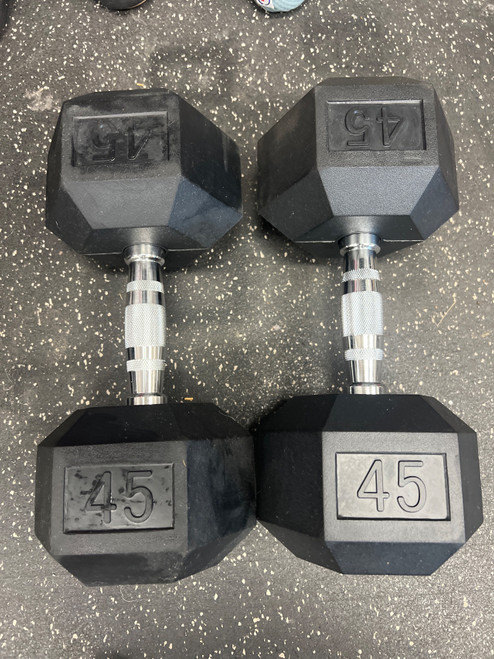 Vist Large View of Product Image Which is New 45-LB RUBBER DUMBBELL Hex Dumbbell (Pair)