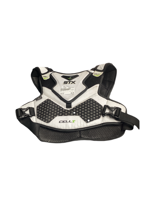 Vist Large View of Product Image Which is Used STX CELL V Lacrosse Shoulder Pads White LG