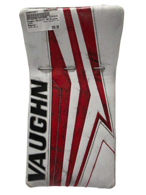 Vist Large View of Product Image Which is Used Vaughn Velocity V9 Junior Goalie Blocker White/Red Regular