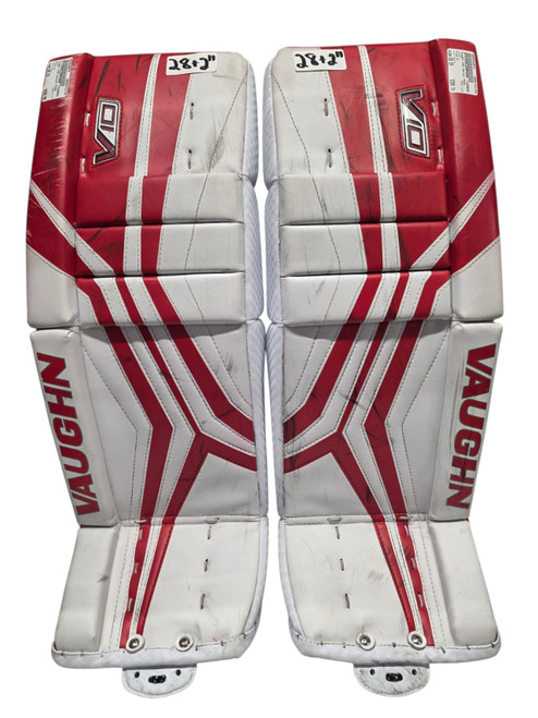 Vist Large View of Product Image Which is Used Vaughn Velocity Goalie Leg Pads Junior White/Red 28"+2