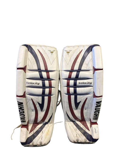 Vist Large View of Product Image Which is Used Vaughn VELOCITY V5 Goalie Leg Pads Inter White 33 1/2"