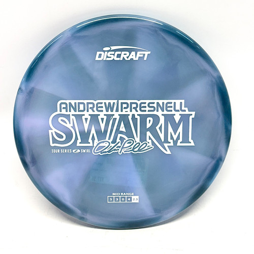 Vist Large View of Product Image Which is Used Discraft ANDREW PRESNELL Z SWIRL SWARM Disc Golf Mid Range Navy Blue 177g