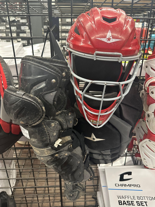 Vist Large View of Product Image Which is Used All Star 3PC BLK CATCHERS SET RED MASK Catchers Helmet w/Mask Black LG