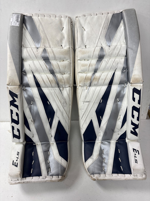 Vist Large View of Product Image Which is Used CCM E4.5 Goalie Leg Pads Junior White And Navy Blue 26"