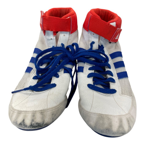 Vist Large View of Product Image Which is Used Adidas Wrestling Shoes White/Blue/Red Mens Size 8, pair, front view
