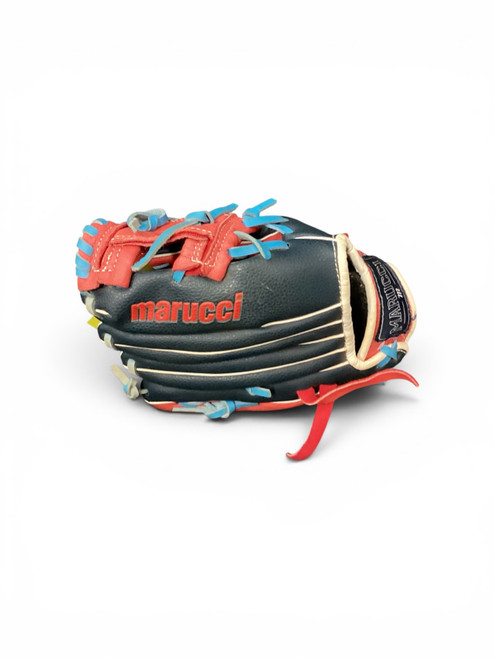 Vist Large View of Product Image Which is Used Marucci SWFTY10 BB/SB Glove RH Throw Navy Blue And Red 10"