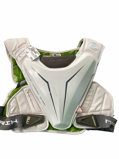 Vist Large View of Product Image Which is Used Maverik EXTERNAL KARDIAC GUARD Lacrosse Rib Pads White MD