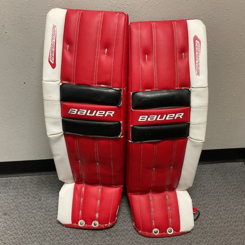 Vist Large View of Product Image Which is Used Bauer REACTOR 4000 Goalie Leg Pads Senior Cardinal And White 36"