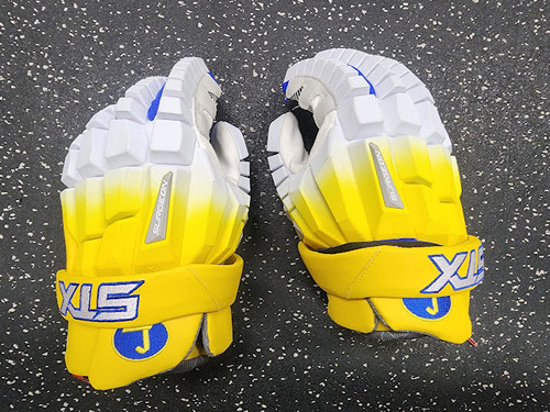 Vist Large View of Product Image Which is Used STX SURGEON RZR Lacrosse Gloves Mens White And Yellow 14"