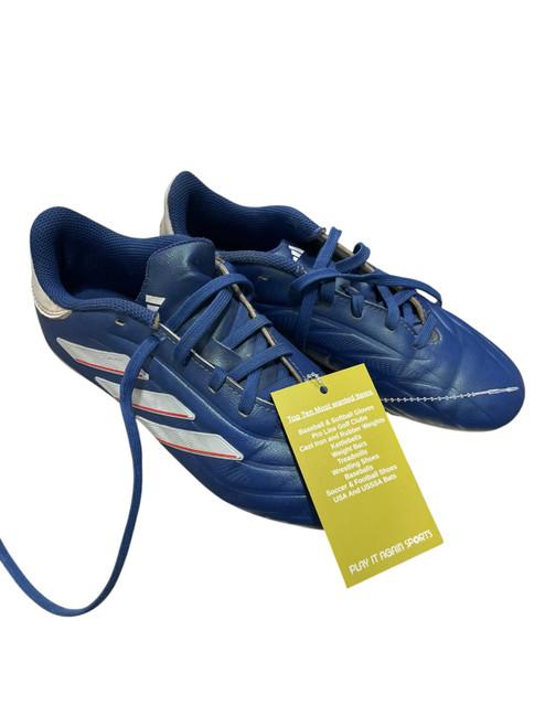 Vist Large View of Product Image Which is Used Adidas Soccer Cleats Grey And Royal Blue Junior 02.5