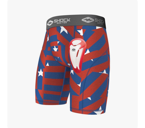 Vist Large View of Product Image Which is New YOUTH SMALL STARS & STRIPES CORE COMP SHORT W/BIOCUP