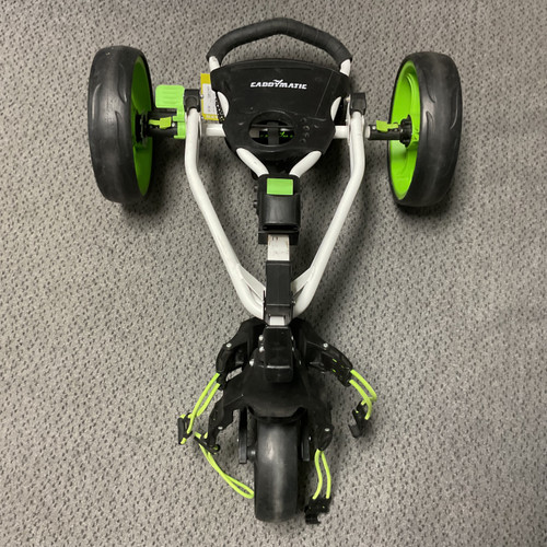 Vist Large View of Product Image Which is Used CADDYMATIC PUSH CART Golf Cart White And Green 3 Wheel