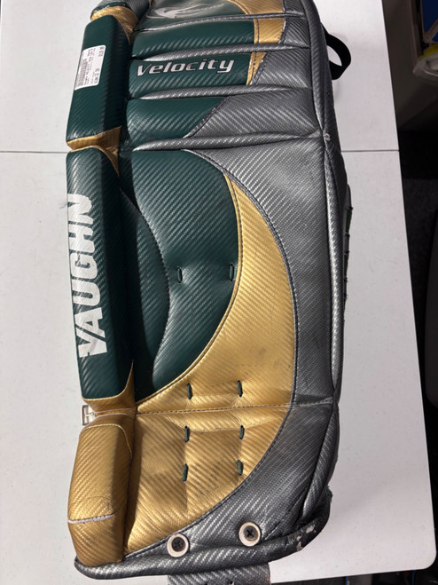 Vist Large View of Product Image Which is Used Vaughn VELOCITY 7070 LEG PADS Goalie Leg Pads Inter Green 31"
