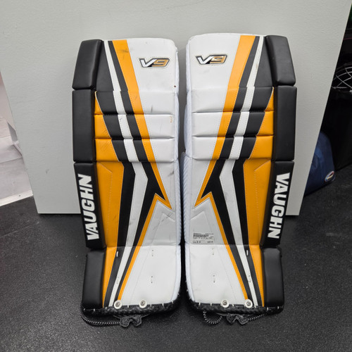 Vist Large View of Product Image Which is Used Vaughn V9 +2 JUNIOR LEG PADS Goalie Leg Pads Junior White And Gold 26"