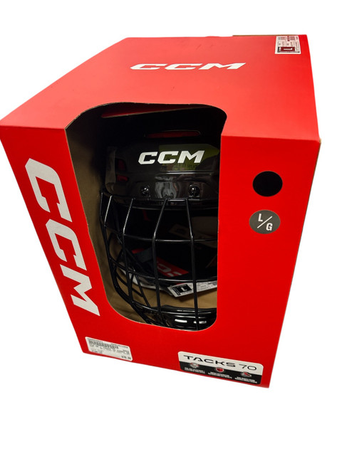 Vist Large View of Product Image Which is CCM SR L TACKS 70 COMBO HELMET Helmet Cage Combo Black LG