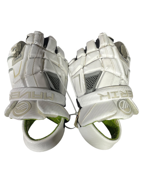 Vist Large View of Product Image Which is Used Maverik M5 Lacrosse Gloves White 13", back of hand view, pair