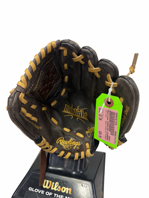 Vist Large View of Product Image Which is Used Rawlings HIGHLIGHT H100BRNC Leather Palm Junior Baseball Glove RH Throw Brown 10"
