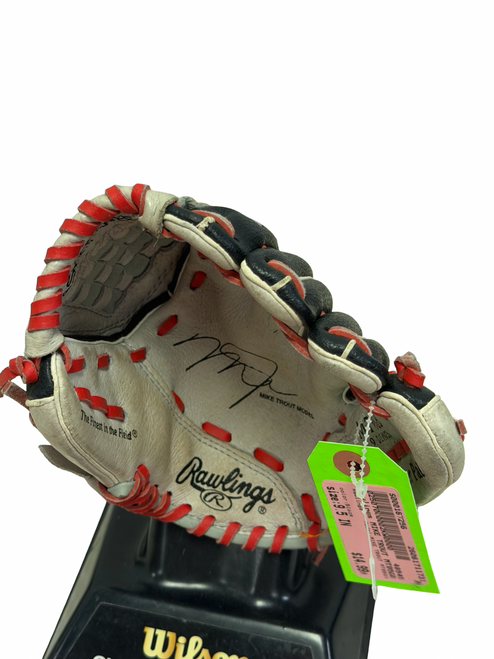 Vist Large View of Product Image Which is Used Rawlings MIKE TROUT MT95GB Leather Palm T-Ball Glove RH Throw Black 9 1/2"