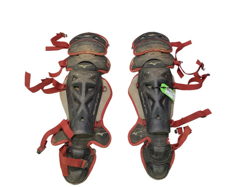 Vist Large View of Product Image Which is Used Mizuno SAMURAI LEG GUARDS Catchers Leg Guards Black And Red Youth
