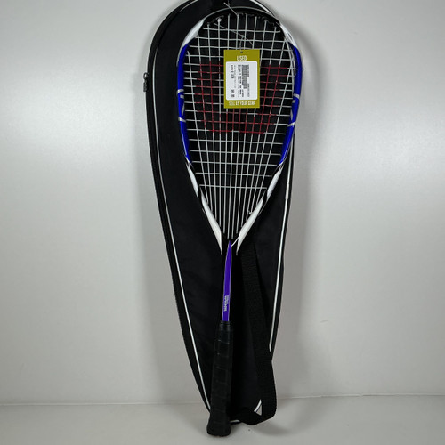 Vist Large View of Product Image Which is Used Wilson K Factor 150 Adult Squash Racquet Black And Navy Blue 4 1/8"