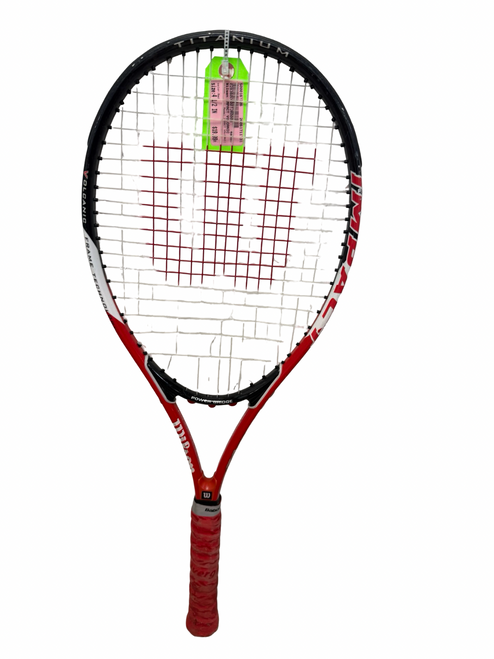 Vist Large View of Product Image Which is Used Wilson IMPACT VOLCANIC Adult Tennis Racquet Red 4 1/2"