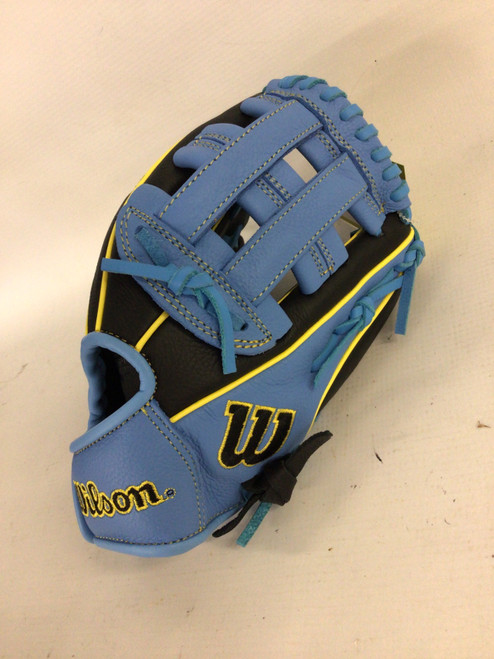 Vist Large View of Product Image Which is Used Wilson A500 BB/SB Glove RH Throw Black And Carolina Blue 10 1/2"