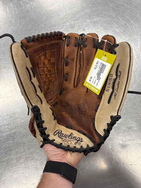 Vist Large View of Product Image Which is Used Rawlings R130RB BB/SB Glove RH Throw Brown 13"