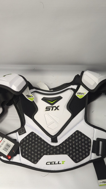 Vist Large View of Product Image Which is Used STX CELL IV SHOULDER PAD Lacrosse Shoulder Pads Black And White MD