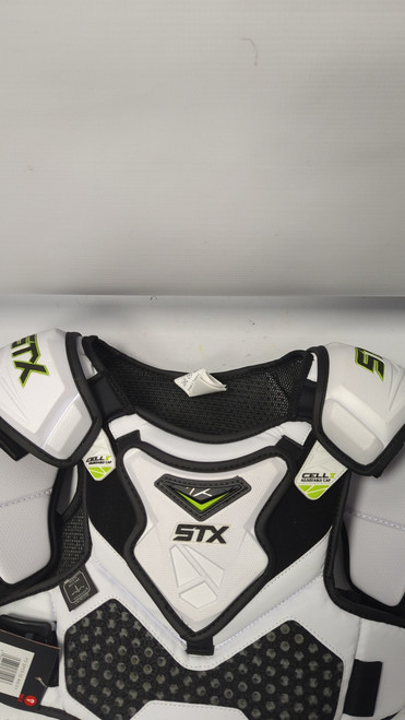 Vist Large View of Product Image Which is Used STX CELL IV SHOULDER PAD Lacrosse Shoulder Pads Black And White MD