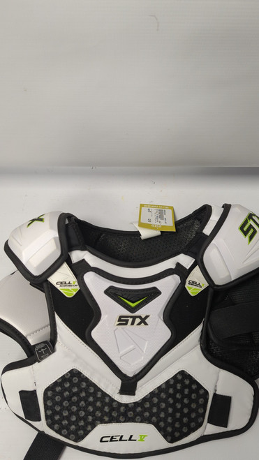 Vist Large View of Product Image Which is Used STX CELL IV SHOULDER PAD Lacrosse Shoulder Pads Black And White MD