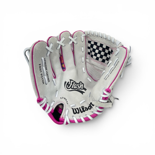 Vist Large View of Product Image Which is Used Wilson A440 LH Throw Fastpitch Gloves White And Neon Pink 11 1/2"