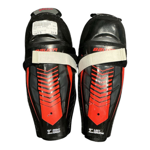 Vist Large View of Product Image Which is Used Bauer LIL SPORTS Youth Shin Guards Black And Red 9"