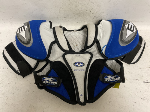 Vist Large View of Product Image Which is Used Easton X-TREME Junior Shoulder Pads White/Black/Royal SM