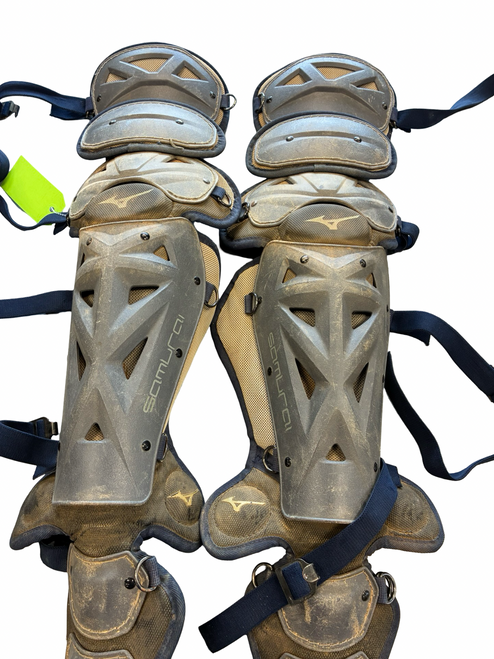Vist Large View of Product Image Which is Used Mizuno SAMURAI Catchers Leg Guards Navy Blue Youth