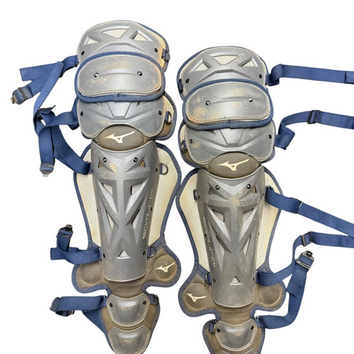 Vist Large View of Product Image Which is Used Mizuno SAMURAI Catchers Leg Guards Navy Blue And Grey Youth