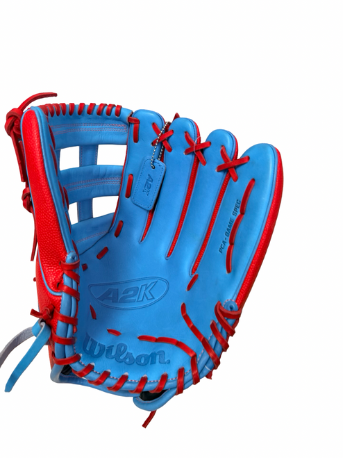Vist Large View of Product Image Which is New Wilson A2K PRO-STOCK SELECT PCA4GM PCA - Game Spec Baseball Glove RH Throw Red / Carolina Blue 12 1/2"