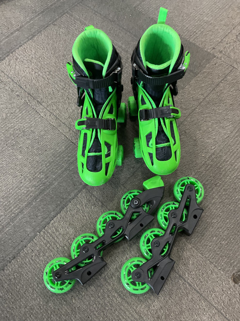 Vist Large View of Product Image Which is Used RollerDerby 2 IN 1 ADJ 3-6 Junior Roller Quad Skates Green Adjustable