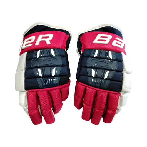 Vist Large View of Product Image Which is Used Bauer PRO SERIES Senior Gloves White/Red/Navy 13"