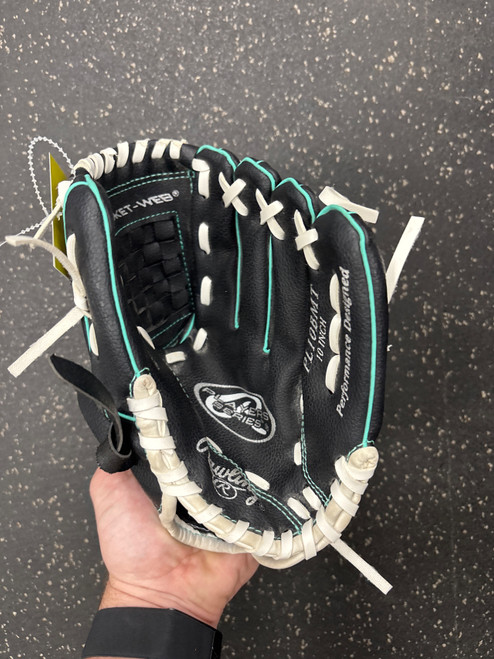 Vist Large View of Product Image Which is Used Rawlings PL10BMT RH Throw Fastpitch Gloves Black 10"