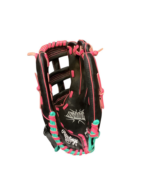Vist Large View of Product Image Which is Used Rawlings HFP125HBP RH Throw Fastpitch Gloves Black 12 1/2"