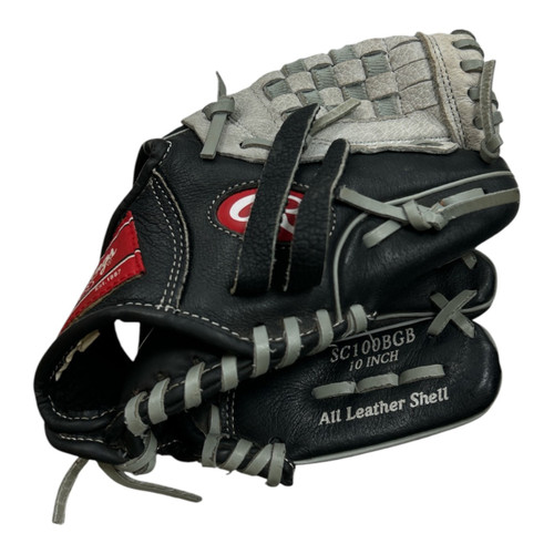 Vist Large View of Product Image Which is Used Rawlings SC100BGB RHT GLOVE BB/SB Glove RH Throw Black And Grey 10"
