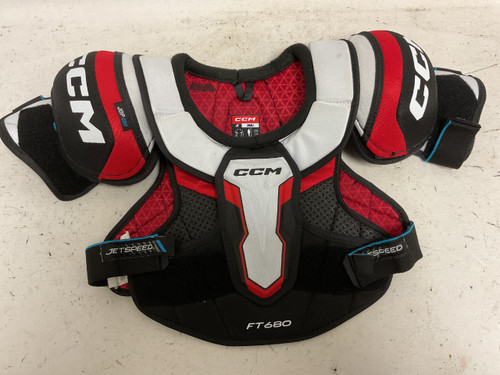 Vist Large View of Product Image Which is Used CCM JETSPEED FT 680 Junior Shoulder Pads White/Black/Red SM