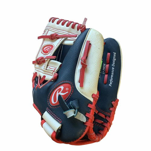 Vist Large View of Product Image Which is Used Rawlings PLAY MAKER SERIES BB/SB Glove RH Throw Navy Blue And Red 11"