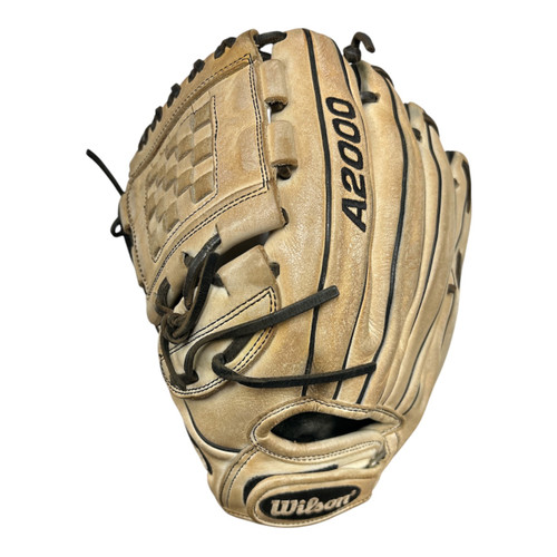 Vist Large View of Product Image Which is Used Wilson A2000 LH Throw Fastpitch Gloves Tan 12"